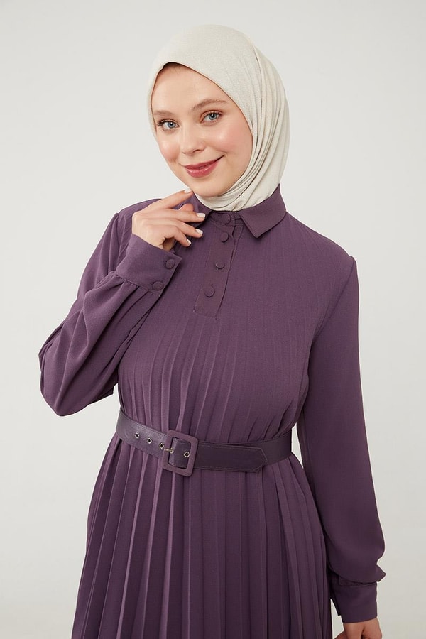 LevidorLevidor Lila Pliseli Çift Renk Kemerli Elbise
