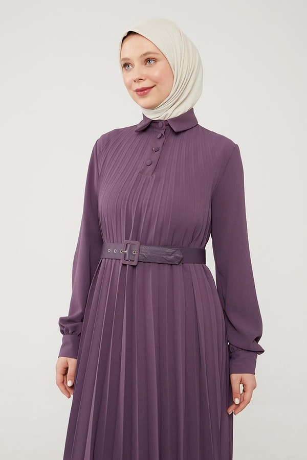 LevidorLevidor Lila Pliseli Çift Renk Kemerli Elbise