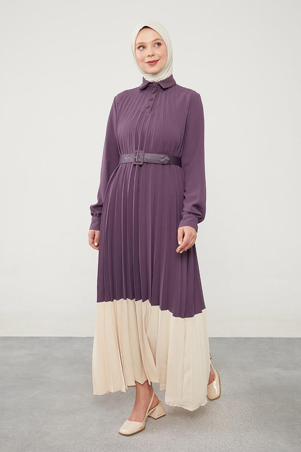 LevidorLevidor Lila Pliseli Çift Renk Kemerli Elbise