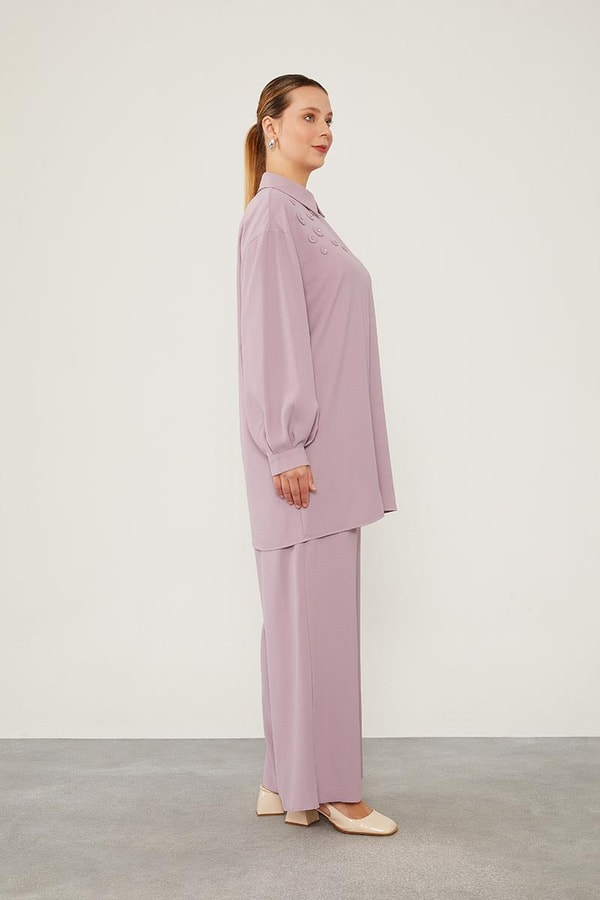 LevidorLevidor Lila Taşlı Çiçek Omuz Detaylı Tunik Takım