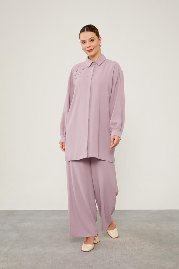 LevidorLevidor Lila Taşlı Çiçek Omuz Detaylı Tunik Takım