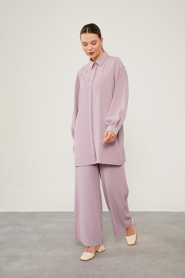 LevidorLevidor Lila Taşlı Çiçek Omuz Detaylı Tunik Takım