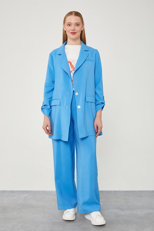 LevidorLevidor Mavi Baskılı İçlikli Geniş Paça Pantolonlu Ceket Takım