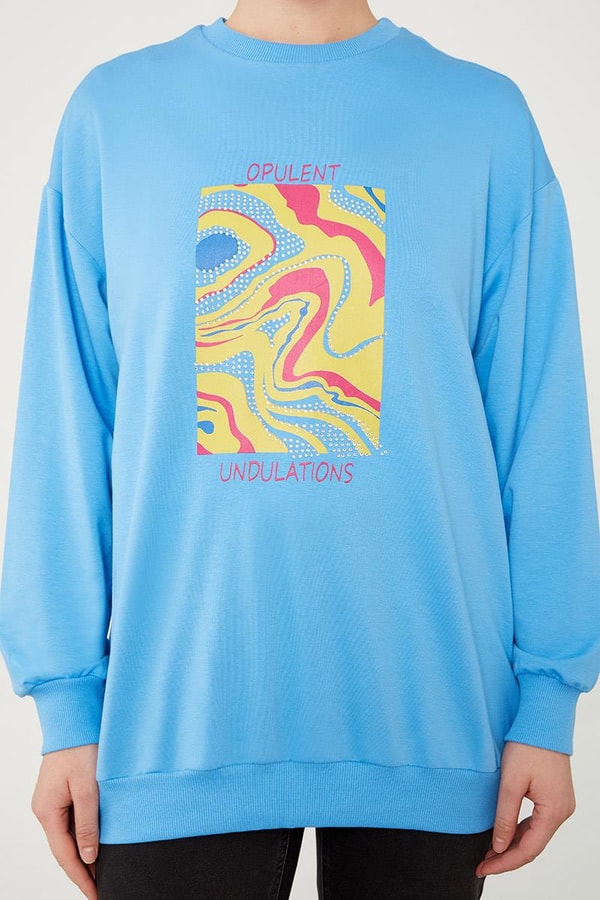 LevidorLevidor Mavi Bisiklet Yaka Taş Baskılı Sweat