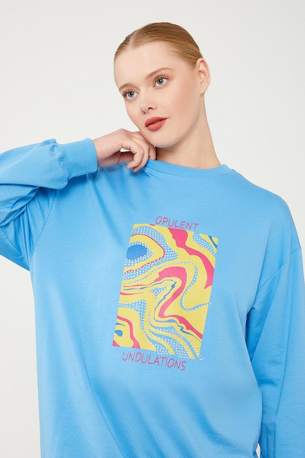 LevidorLevidor Mavi Bisiklet Yaka Taş Baskılı Sweat