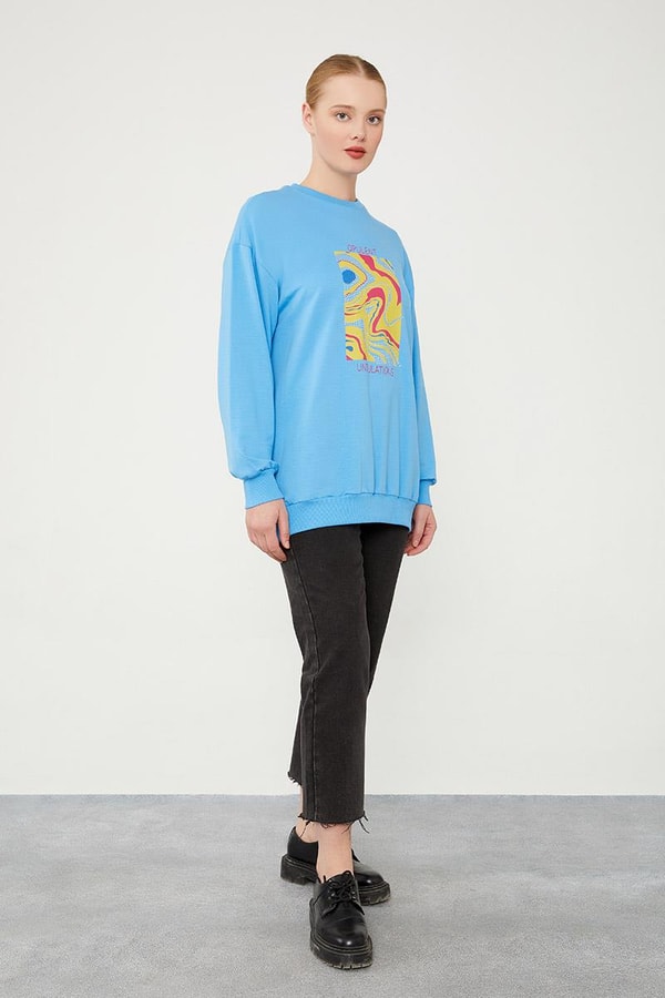 LevidorLevidor Mavi Bisiklet Yaka Taş Baskılı Sweat