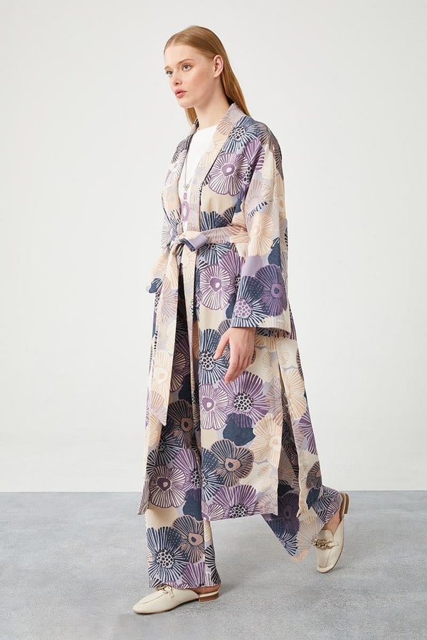 LevidorLevidor Mavi İkili Takım Keten Çiçekli Kimono