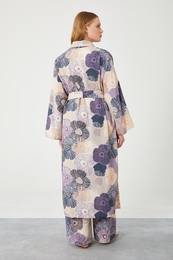 LevidorLevidor Mavi İkili Takım Keten Çiçekli Kimono