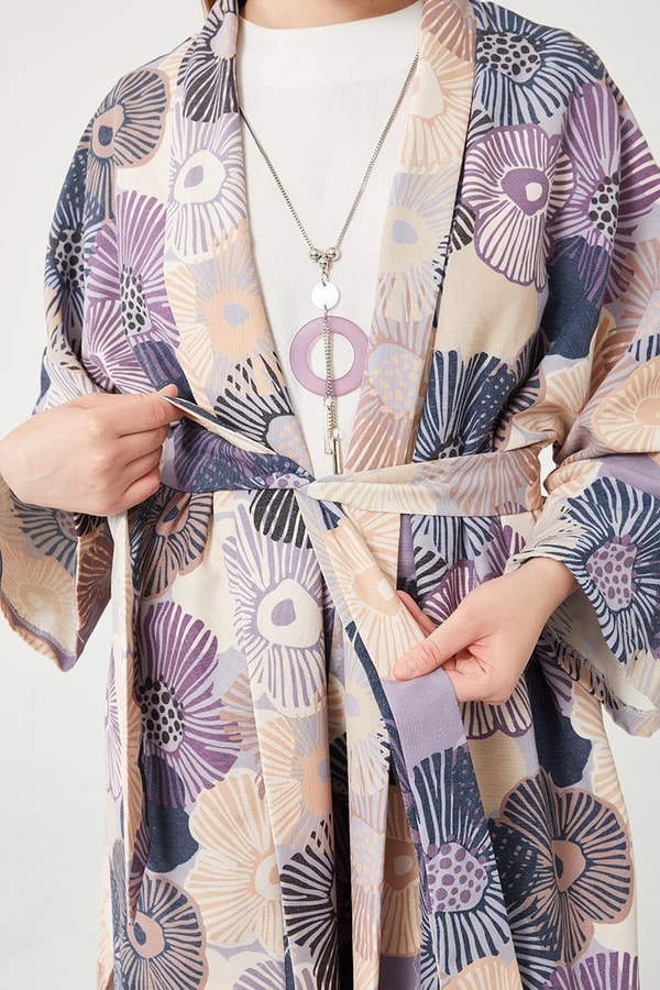 LevidorLevidor Mavi İkili Takım Keten Çiçekli Kimono