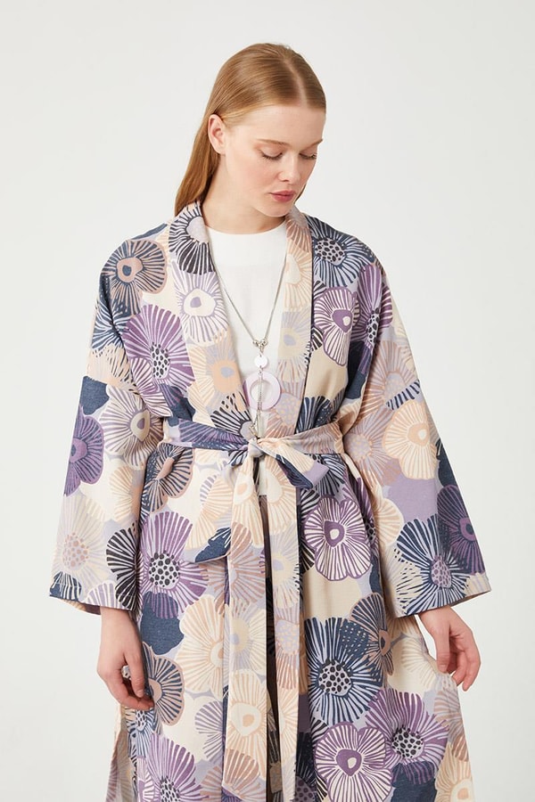 LevidorLevidor Mavi İkili Takım Keten Çiçekli Kimono