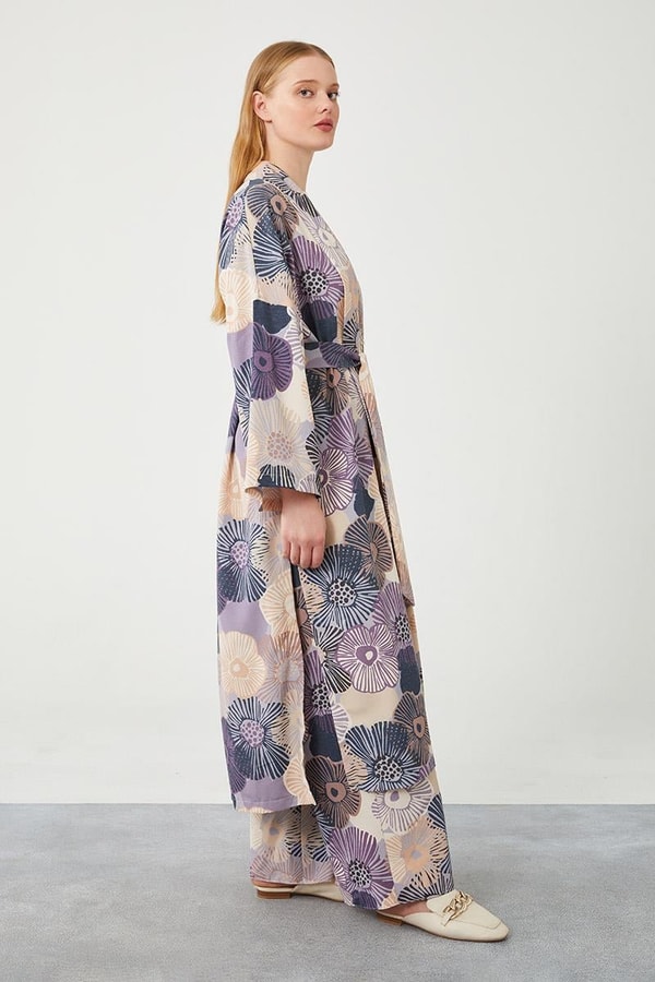 LevidorLevidor Mavi İkili Takım Keten Çiçekli Kimono