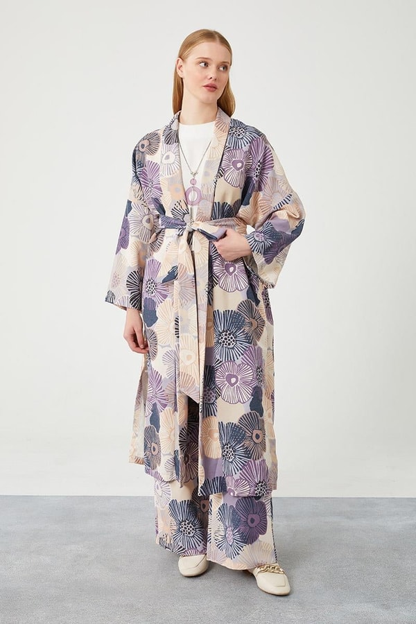 LevidorLevidor Mavi İkili Takım Keten Çiçekli Kimono