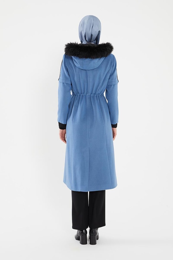 LevidorLevidor Mavi Kapşonu Kürklü Kol Ağzı Ribanalı Kaban