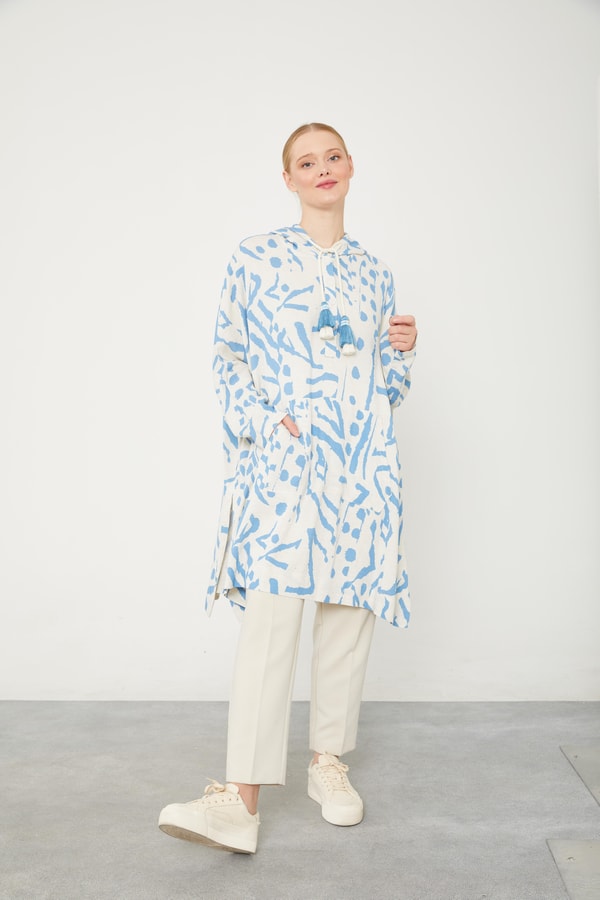 LevidorLevidor Mavi Kapüşonlu Püskül Detaylı Keten Tunik