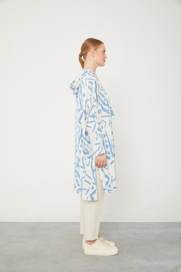 LevidorLevidor Mavi Kapüşonlu Püskül Detaylı Keten Tunik