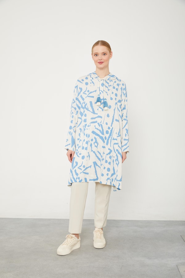 LevidorLevidor Mavi Kapüşonlu Püskül Detaylı Keten Tunik