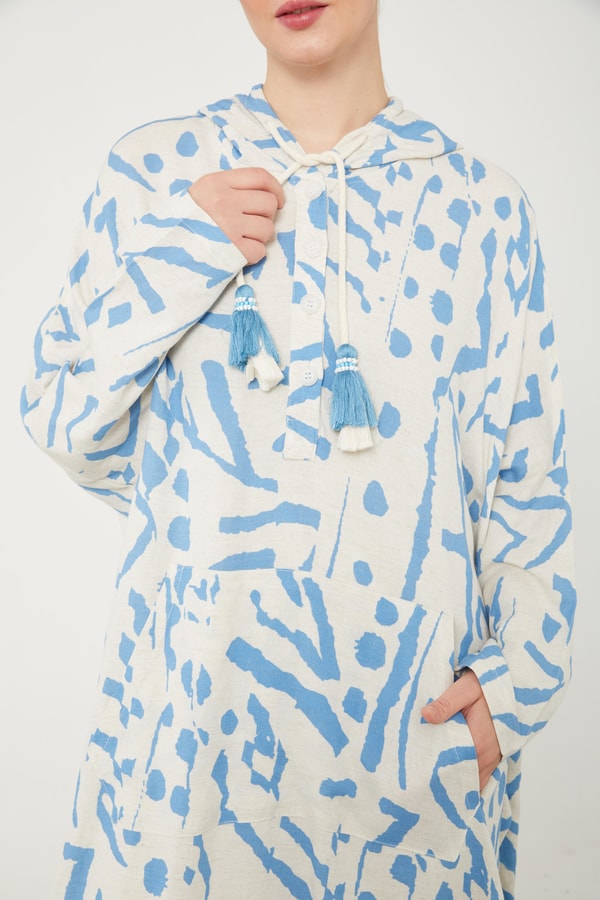 LevidorLevidor Mavi Kapüşonlu Püskül Detaylı Keten Tunik