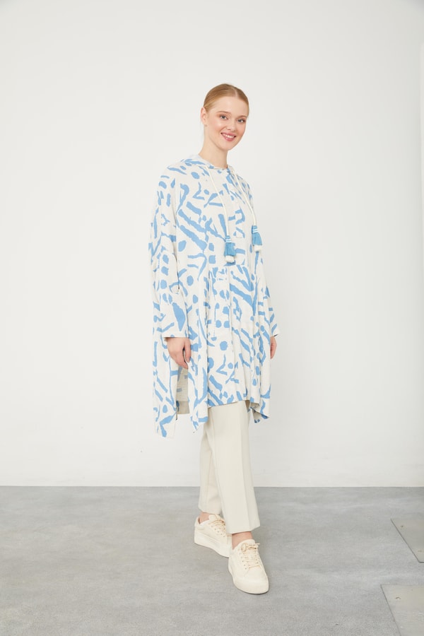 LevidorLevidor Mavi Kapüşonlu Püskül Detaylı Keten Tunik