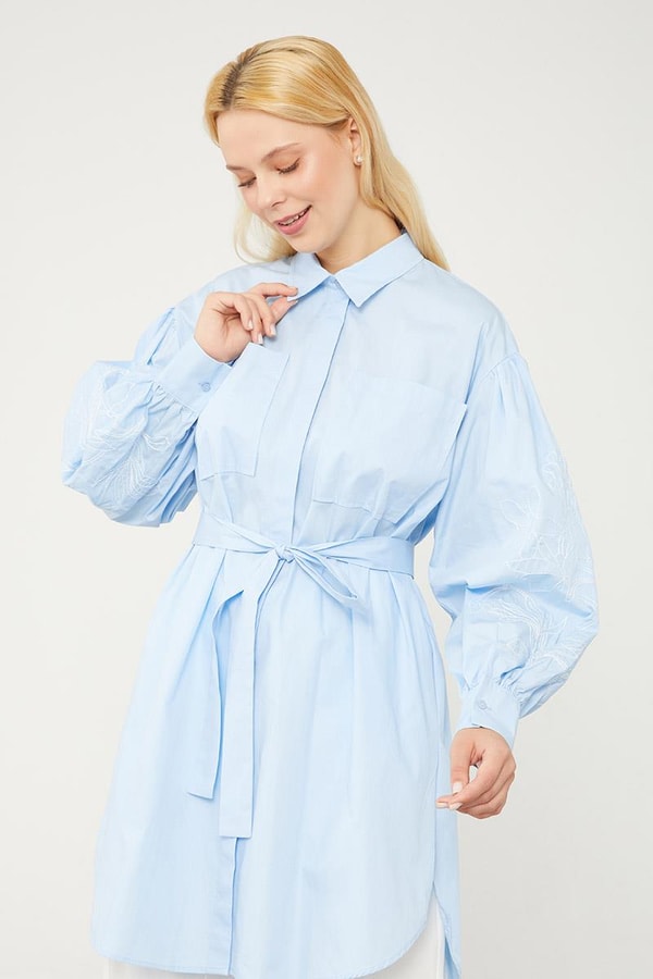 LevidorLevidor Mavi Nakışlı Belden Bağlamalı Kimono