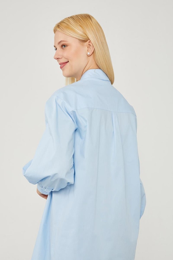 LevidorLevidor Mavi Oversize Balon Kol Poplin Gömlek