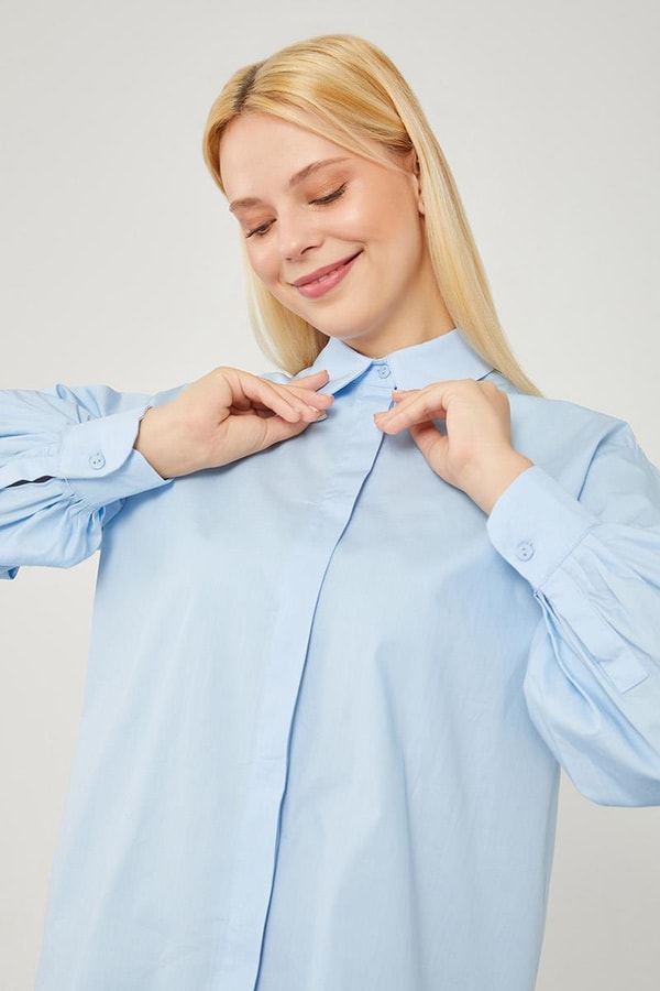 LevidorLevidor Mavi Oversize Balon Kol Poplin Gömlek