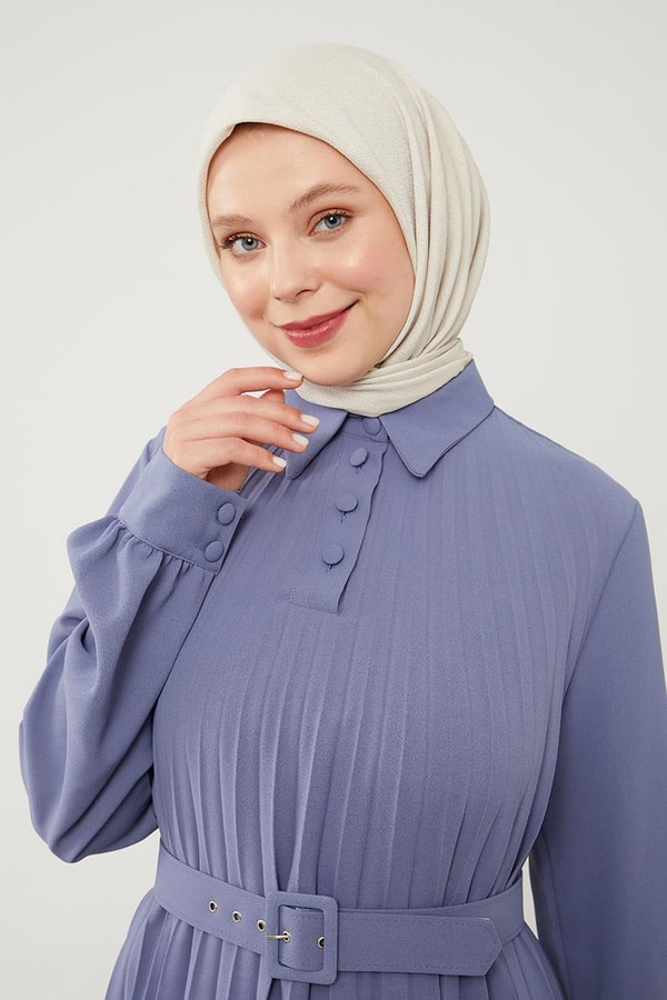 LevidorLevidor Mavi Pliseli Çift Renk Kemerli Elbise