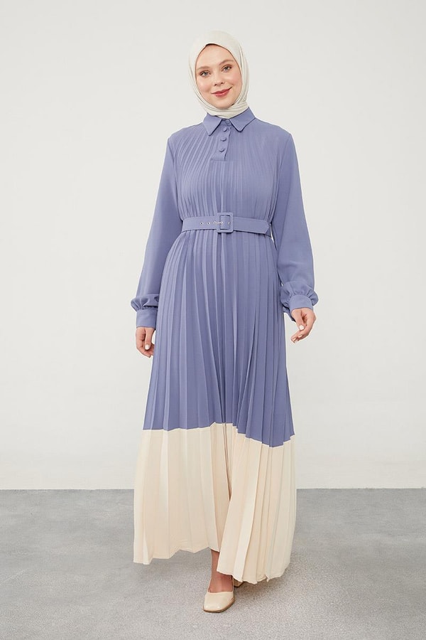LevidorLevidor Mavi Pliseli Çift Renk Kemerli Elbise