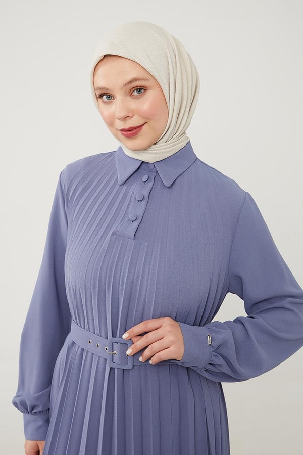 LevidorLevidor Mavi Pliseli Çift Renk Kemerli Elbise