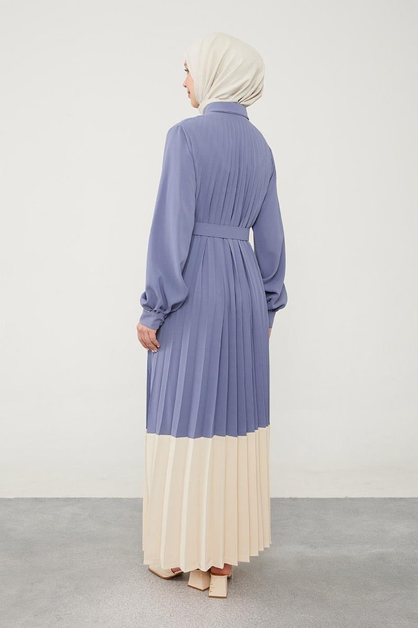 LevidorLevidor Mavi Pliseli Çift Renk Kemerli Elbise