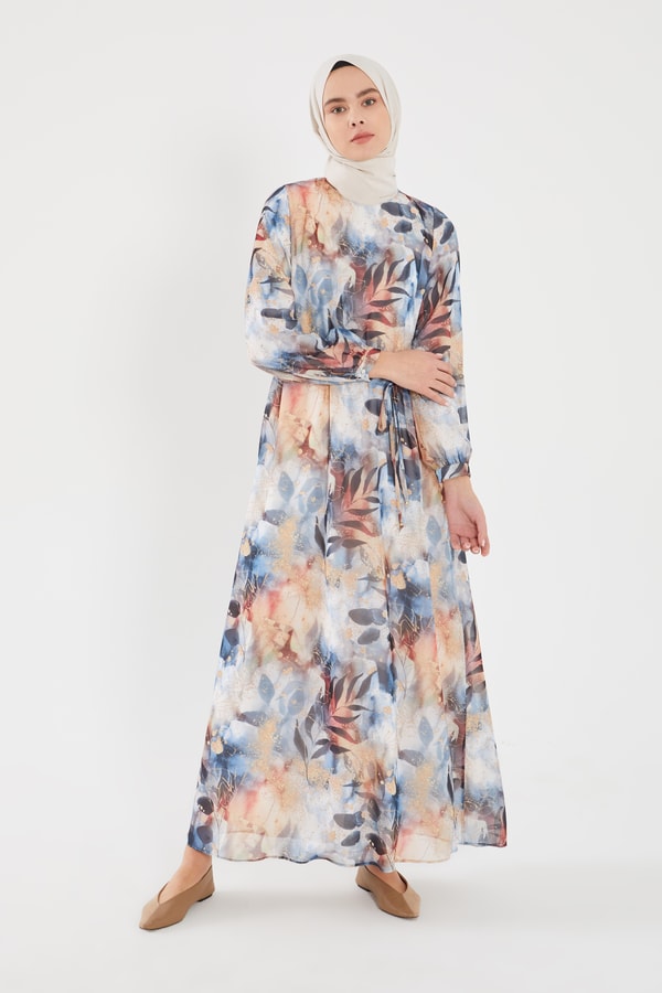 LevidorLevidor Mavi YAPRAK DESEN ŞİFON ELBİSE
