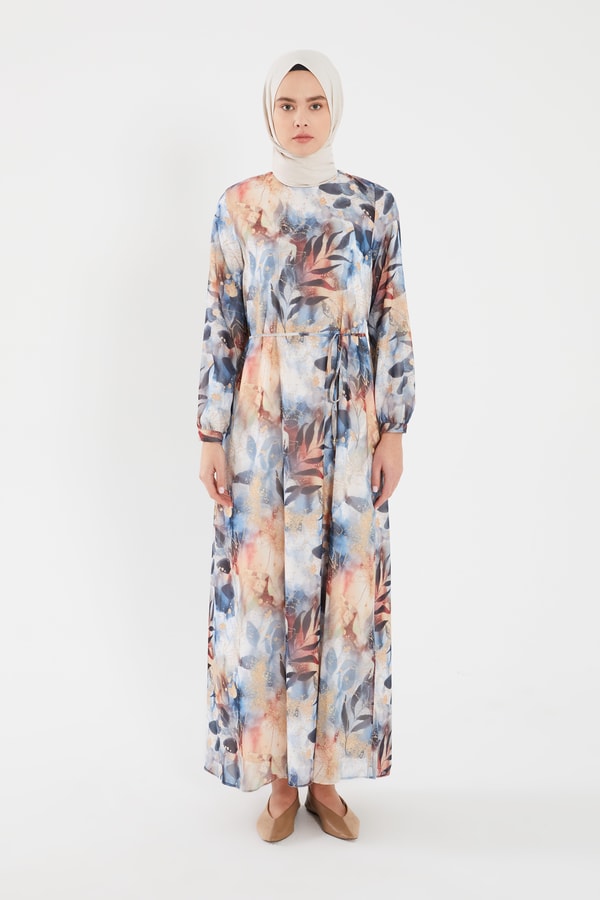 LevidorLevidor Mavi YAPRAK DESEN ŞİFON ELBİSE