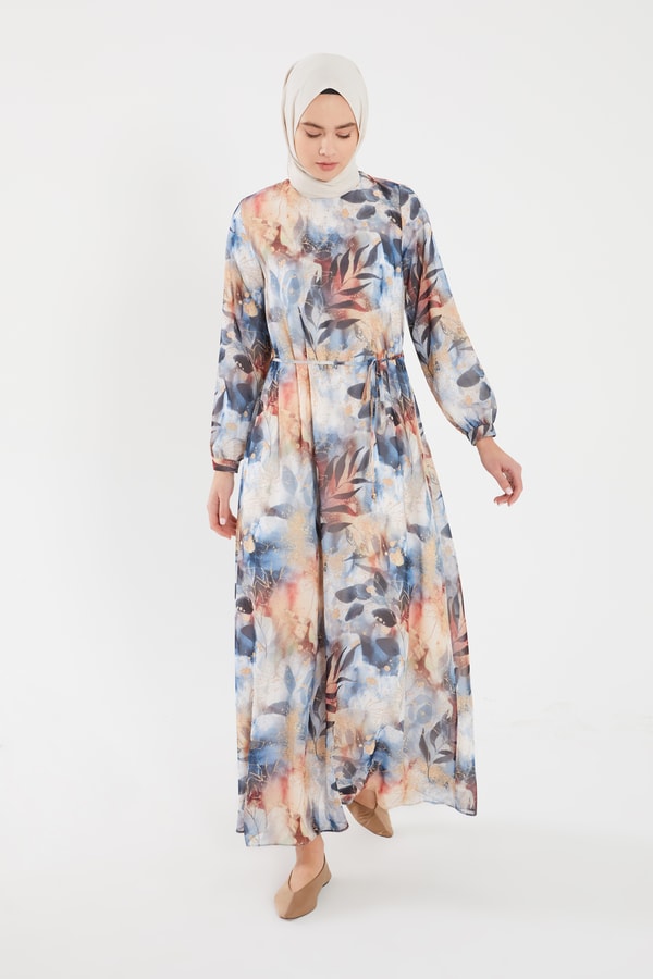 LevidorLevidor Mavi YAPRAK DESEN ŞİFON ELBİSE