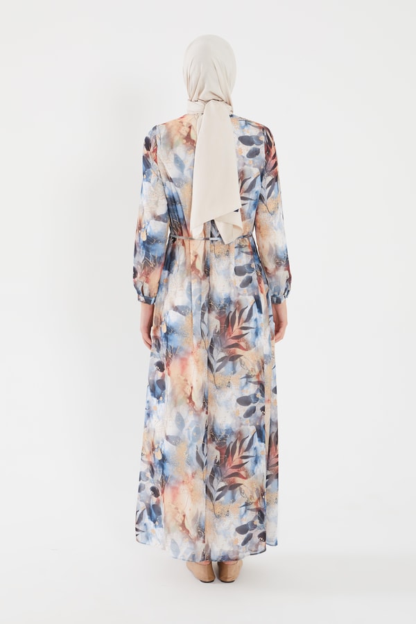 LevidorLevidor Mavi YAPRAK DESEN ŞİFON ELBİSE