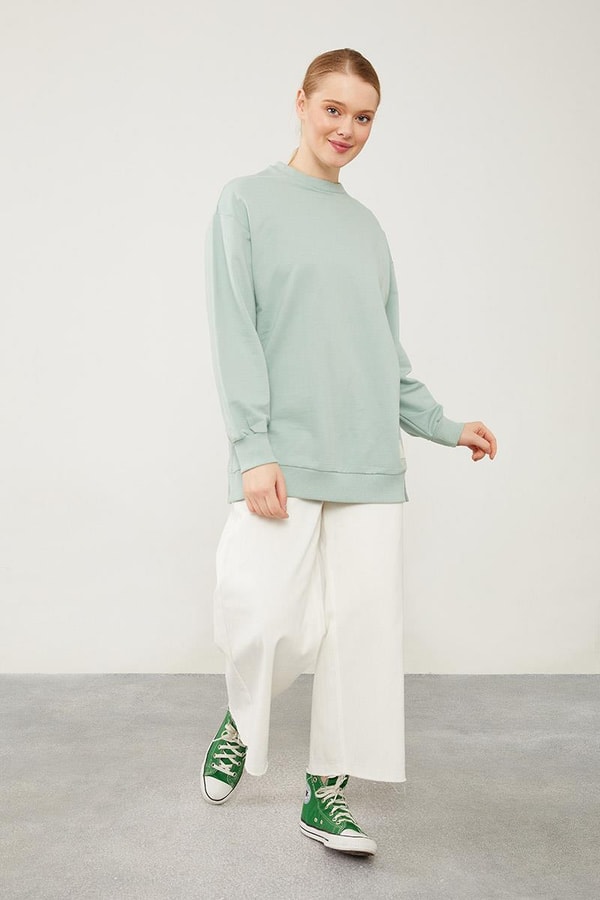 LevidorLevidor Mint Yeşili Bisiklet Yaka Ribanalı Basic Sweat