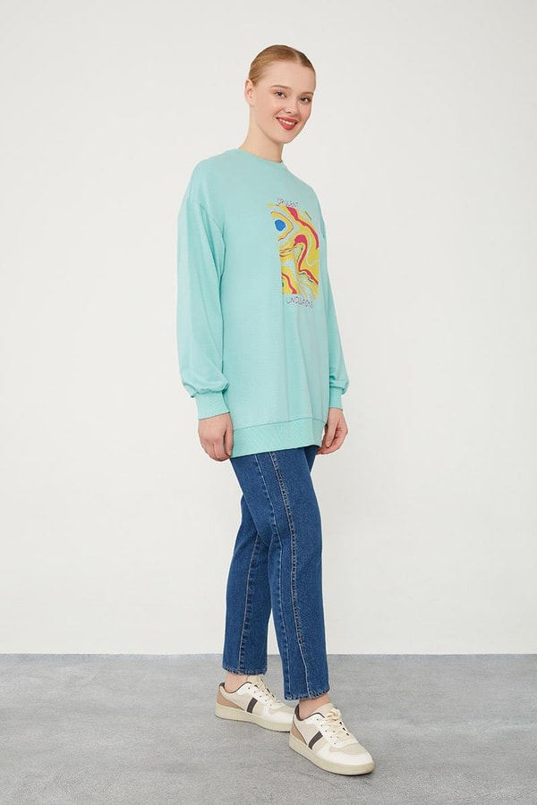 LevidorLevidor Mint Yeşili Bisiklet Yaka Taş Baskılı Sweat