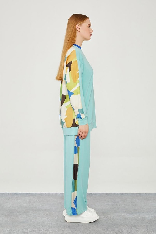 LevidorLevidor Mint Yeşili Bisiklet Yaka Geometrik Desen Spor Takım