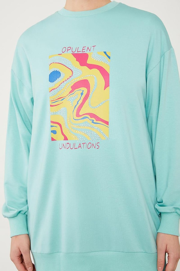 LevidorLevidor Mint Yeşili Bisiklet Yaka Taş Baskılı Sweat