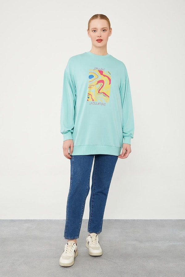 LevidorLevidor Mint Yeşili Bisiklet Yaka Taş Baskılı Sweat