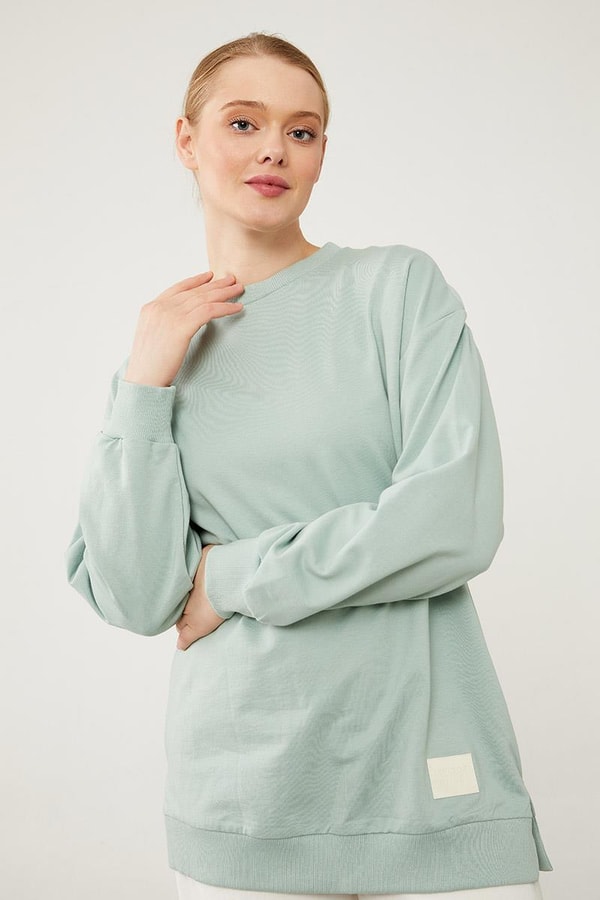 LevidorLevidor Mint Yeşili Bisiklet Yaka Ribanalı Basic Sweat