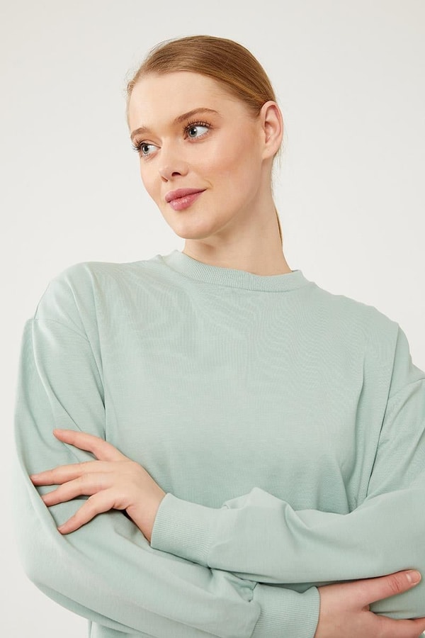 LevidorLevidor Mint Yeşili Bisiklet Yaka Ribanalı Basic Sweat