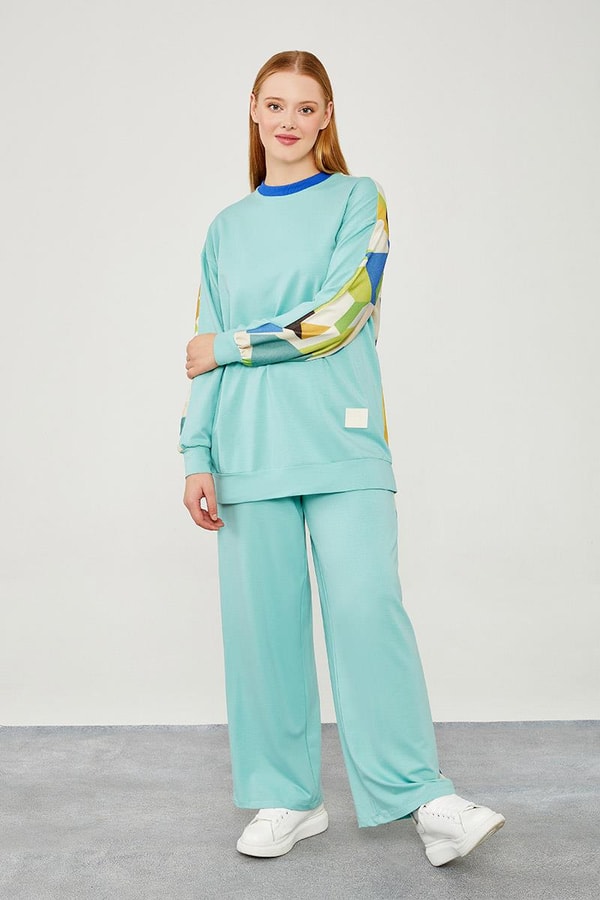 LevidorLevidor Mint Yeşili Bisiklet Yaka Geometrik Desen Spor Takım