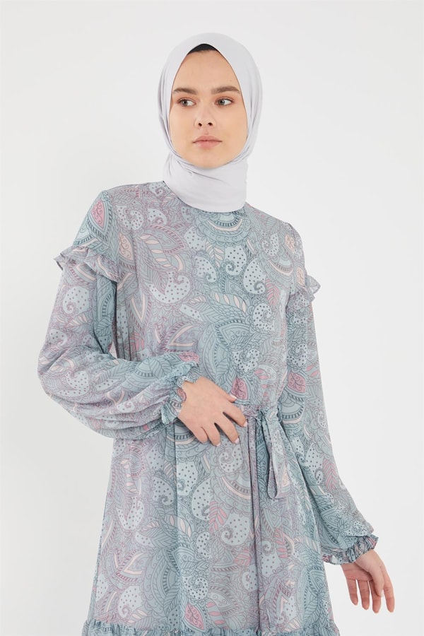 LevidorLevidor Mint Yeşili Fırfır detaylı şifon desenli elbise
