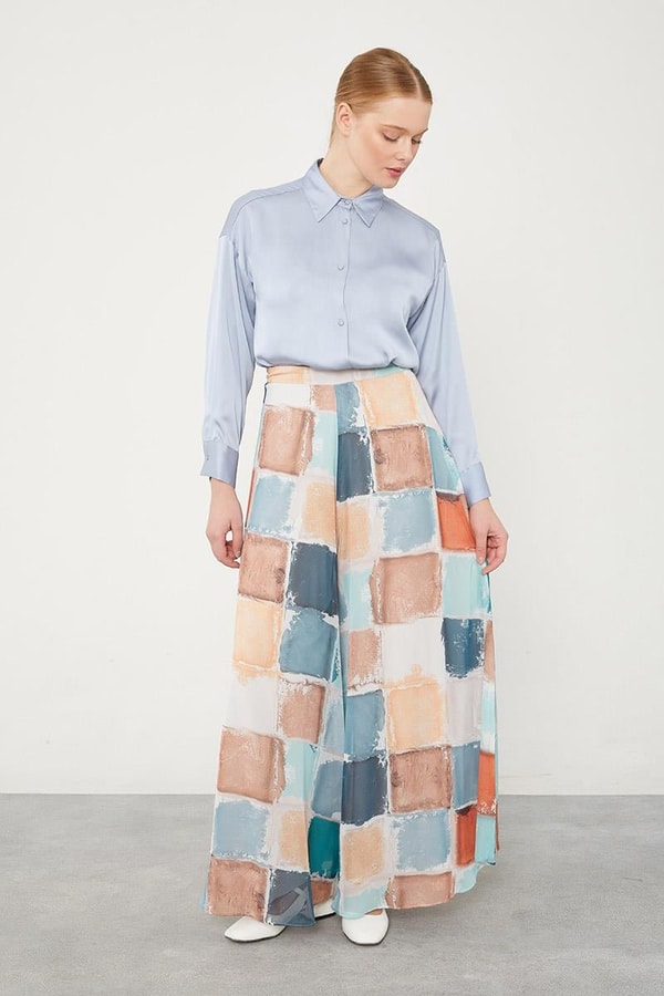 LevidorLevidor Mint Yeşili Kare Desen Geniş Paçalı Pantolon