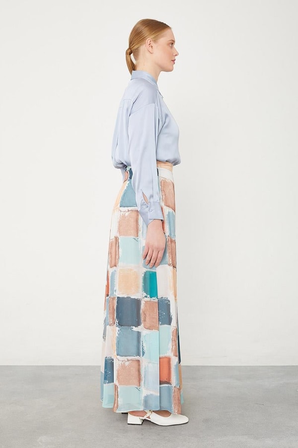 LevidorLevidor Mint Yeşili Kare Desen Geniş Paçalı Pantolon