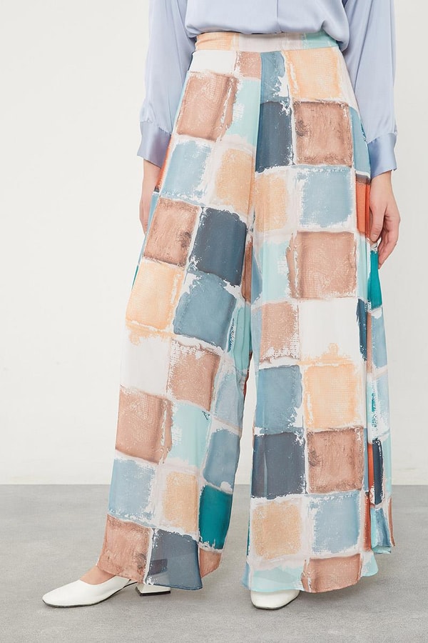 LevidorLevidor Mint Yeşili Kare Desen Geniş Paçalı Pantolon