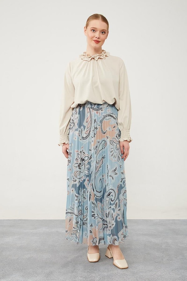 LevidorLevidor Mint Yeşili Pliseli Çiçek Desen Şifon Etek