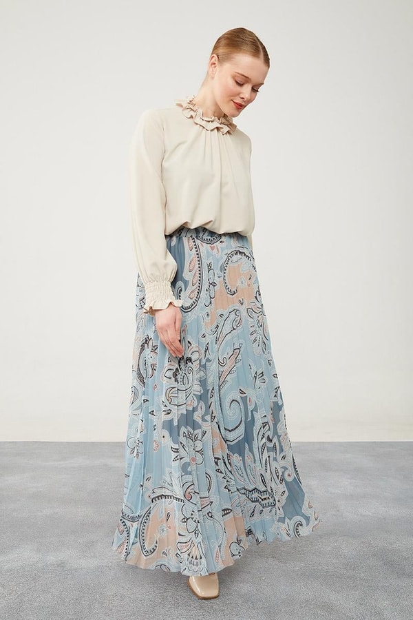 LevidorLevidor Mint Yeşili Pliseli Çiçek Desen Şifon Etek