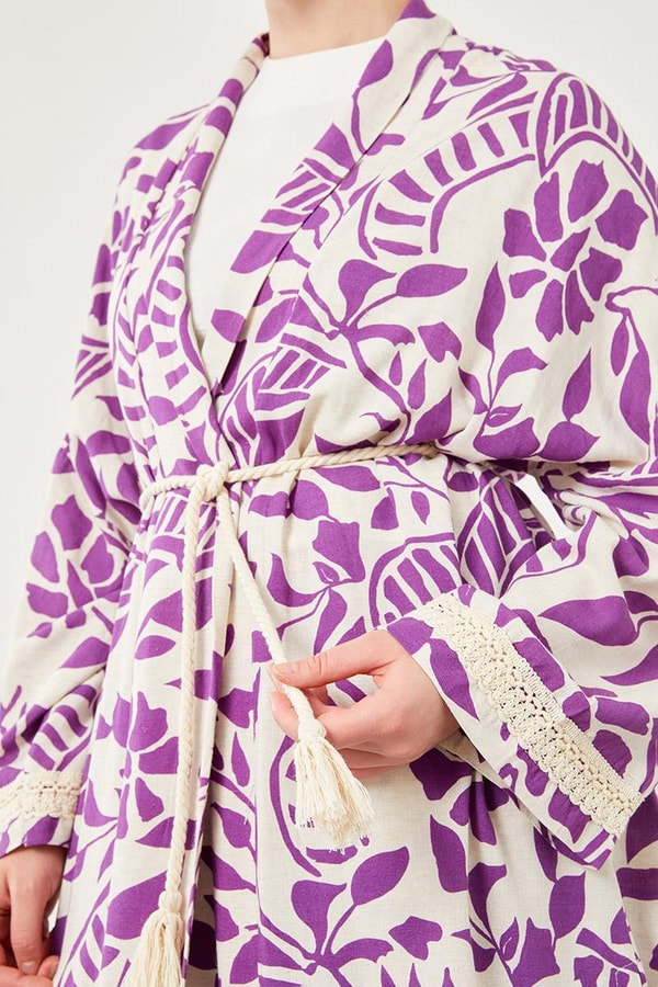 LevidorLevidor Mor Yaprak Desen Keten Kimono Takım
