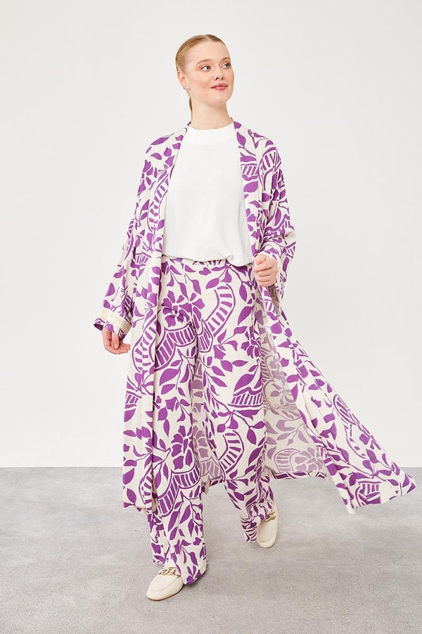 LevidorLevidor Mor Yaprak Desen Keten Kimono Takım