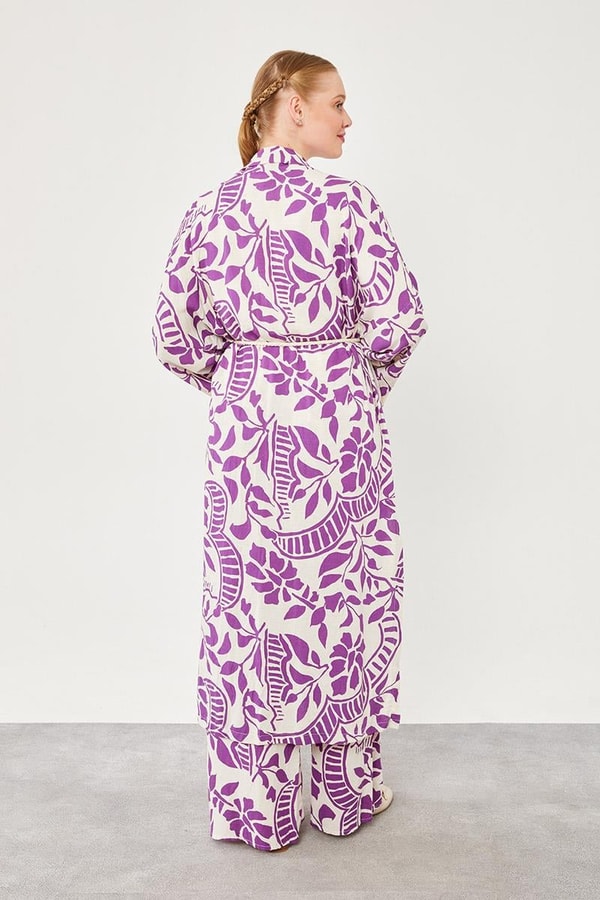 LevidorLevidor Mor Yaprak Desen Keten Kimono Takım